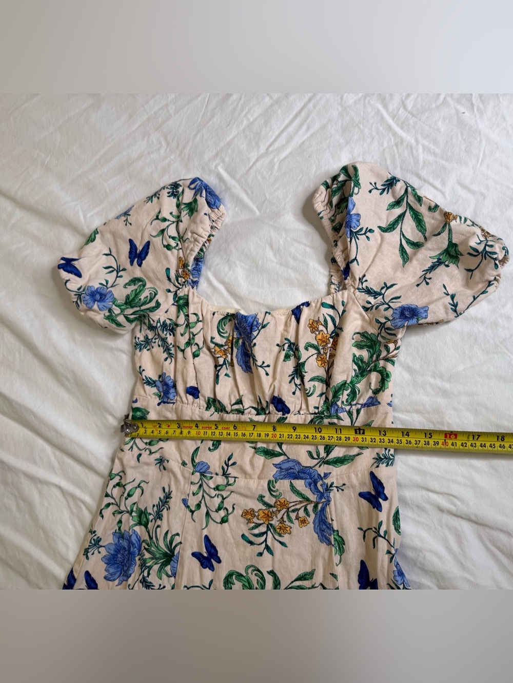 Floral Butterfly Linen Blend Midi Dress Puff Sleeve Autumn Wedding Guest Size 8 - Picture 10 of 11